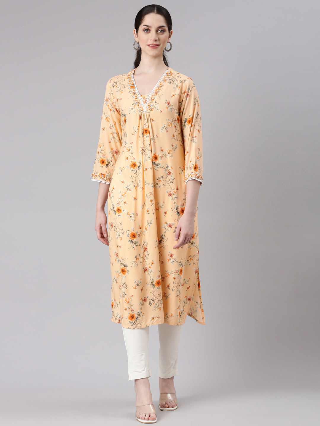Neerus Pink rayon printed panelled kurta - front view