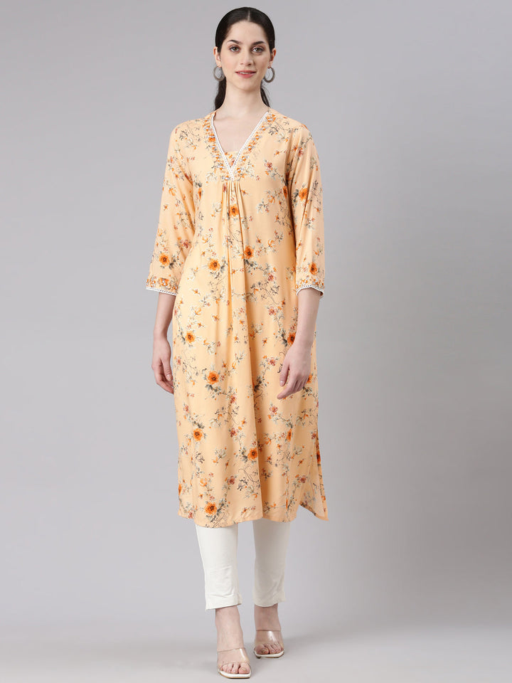 Neerus Pink rayon printed panelled kurta - front view