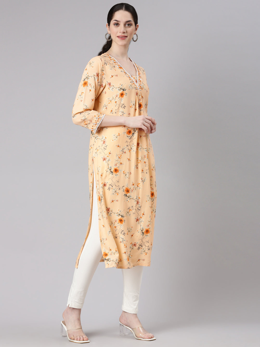 Neerus Pink rayon printed panelled kurta - back view