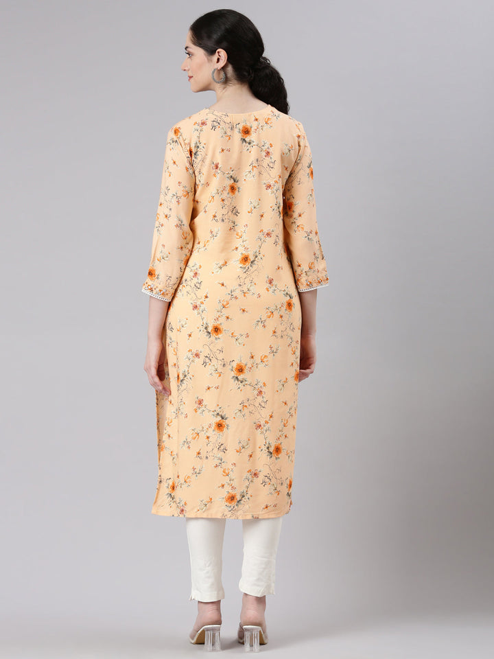 Neerus Pink rayon printed panelled kurta - side view