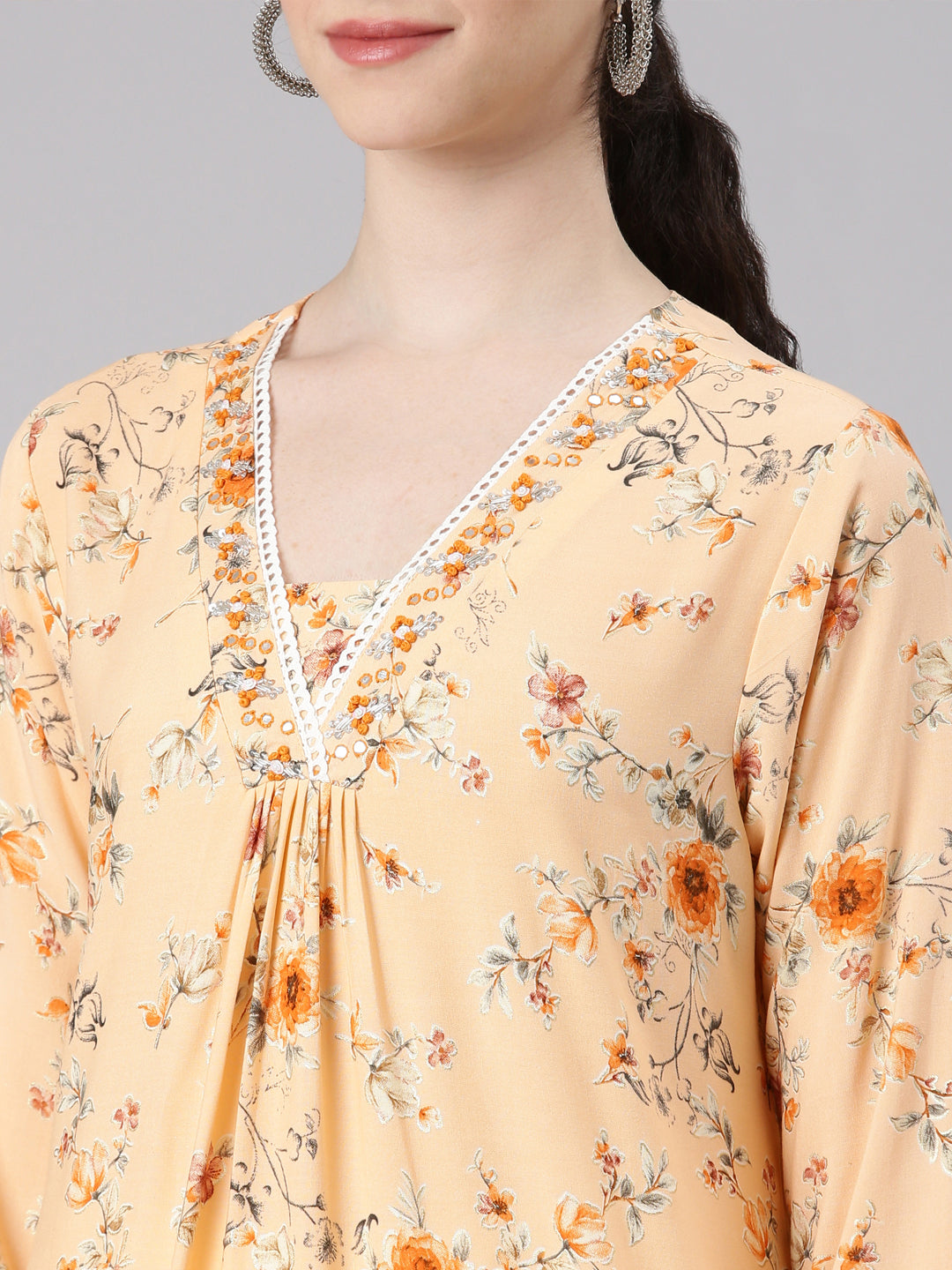 Neerus Pink rayon printed panelled kurta - detail view 1