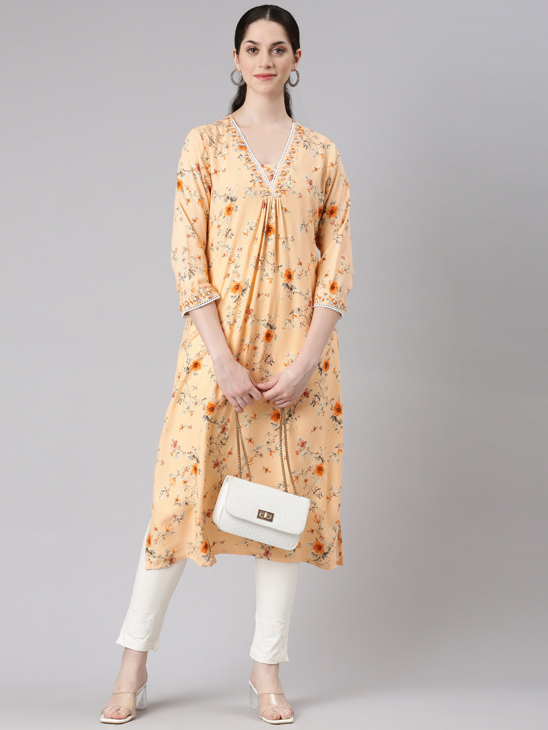 Neerus Pink rayon printed panelled kurta - detail view 2