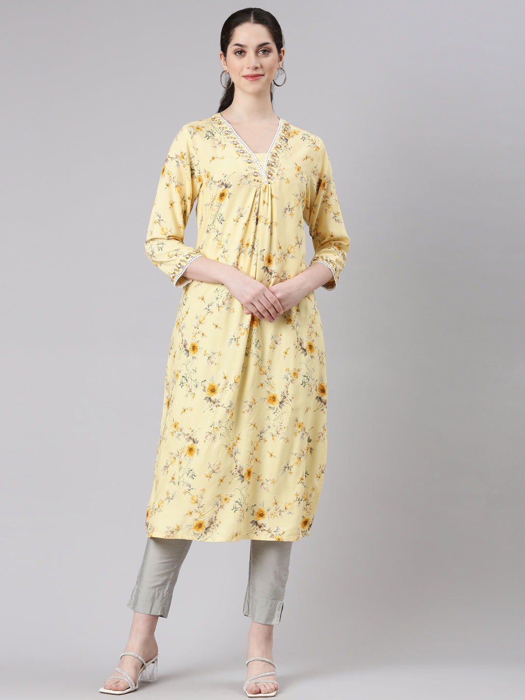 Neerus Yellow rayon printed kurta panelled straight - front view
