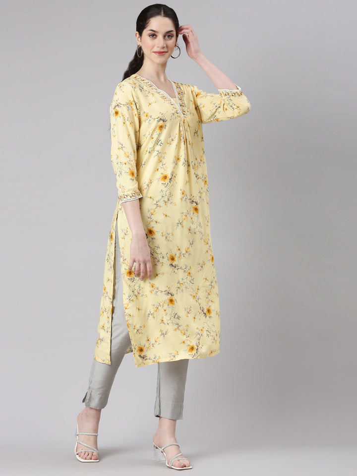 Neerus Yellow rayon printed kurta panelled straight - back view