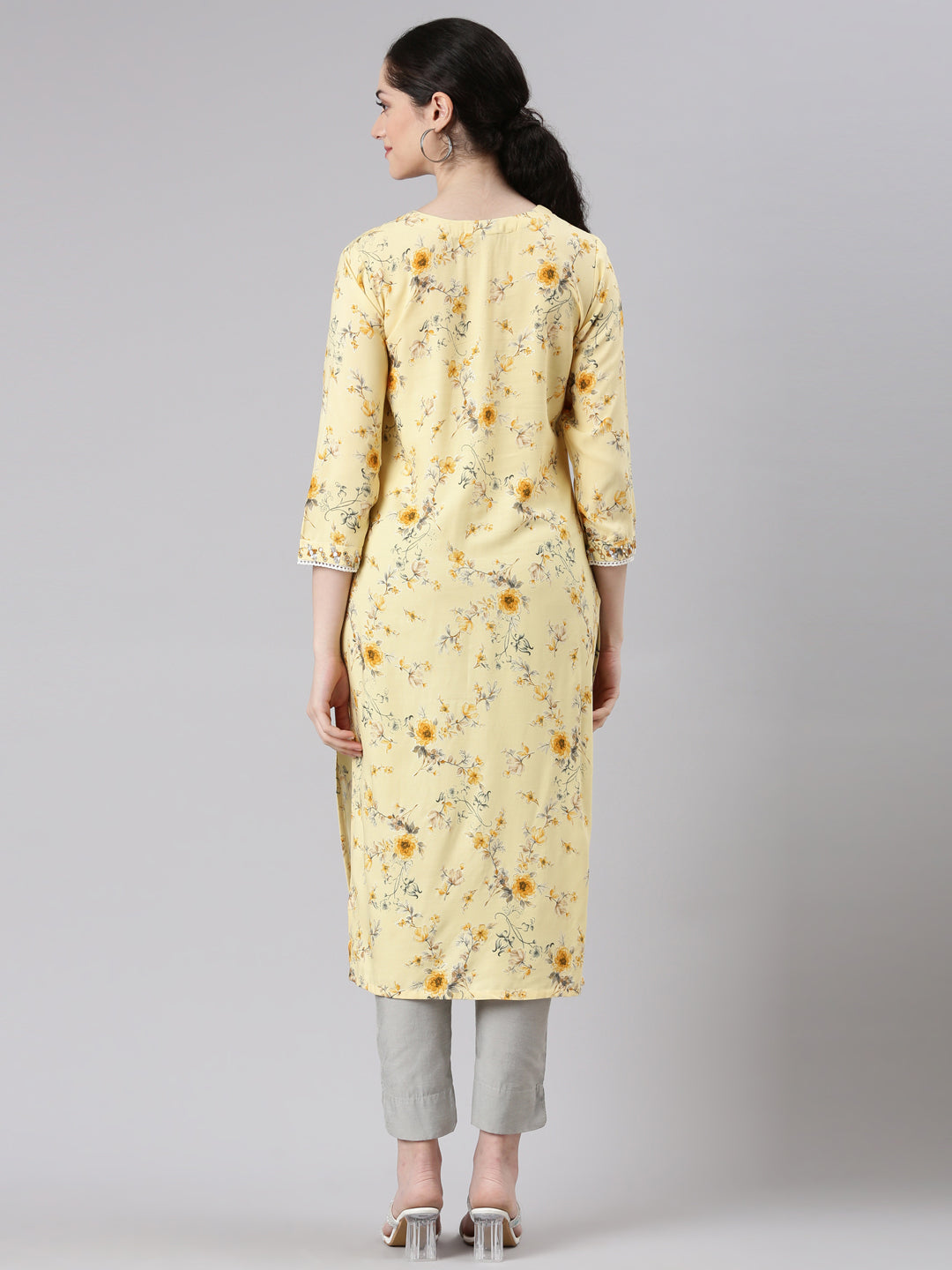 Neerus Yellow rayon printed kurta panelled straight - side view