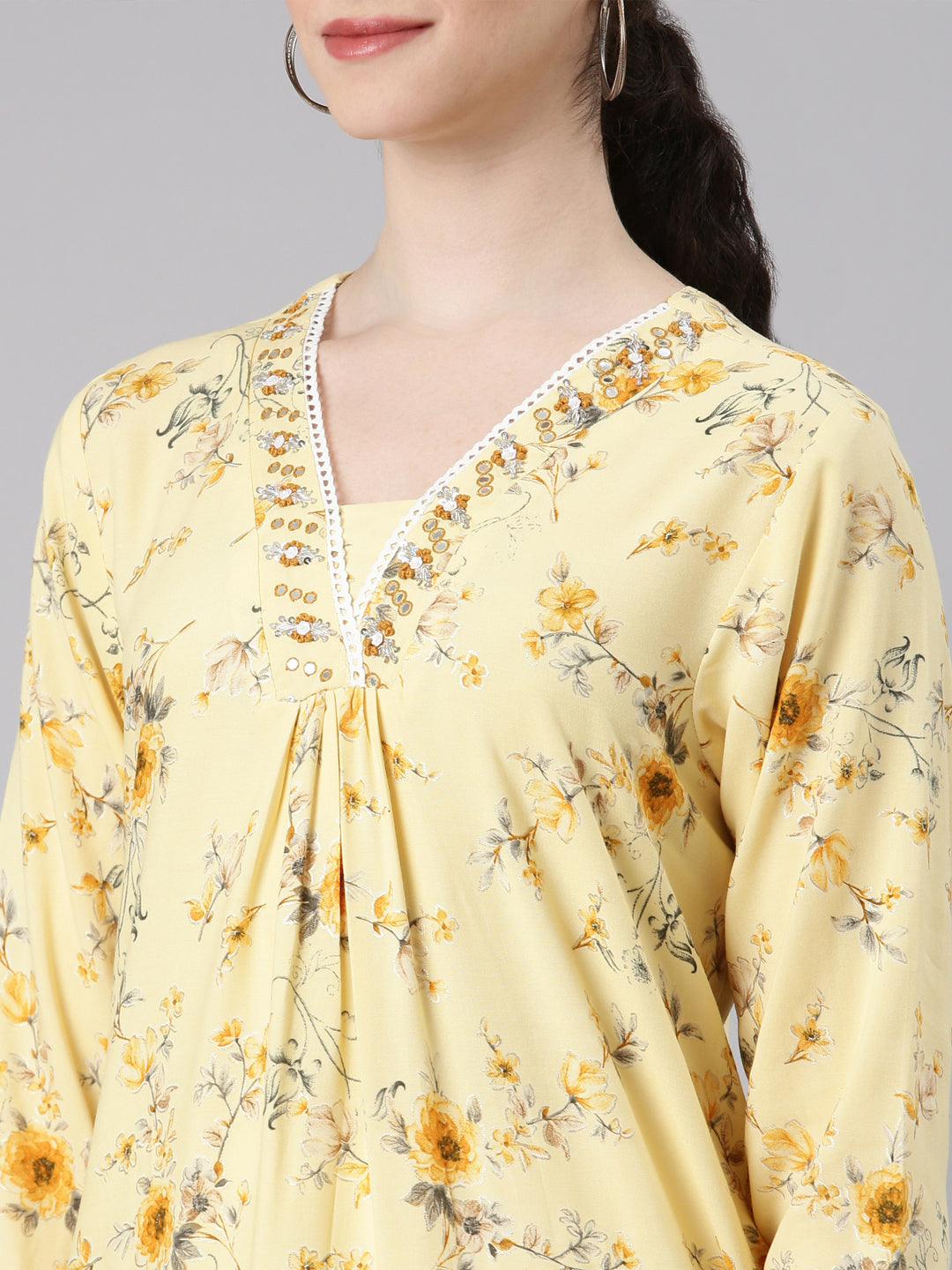 Neerus Yellow rayon printed kurta panelled straight - detail view 1