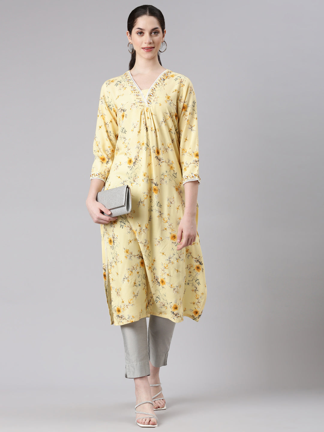 Neerus Yellow rayon printed kurta panelled straight - detail view 2