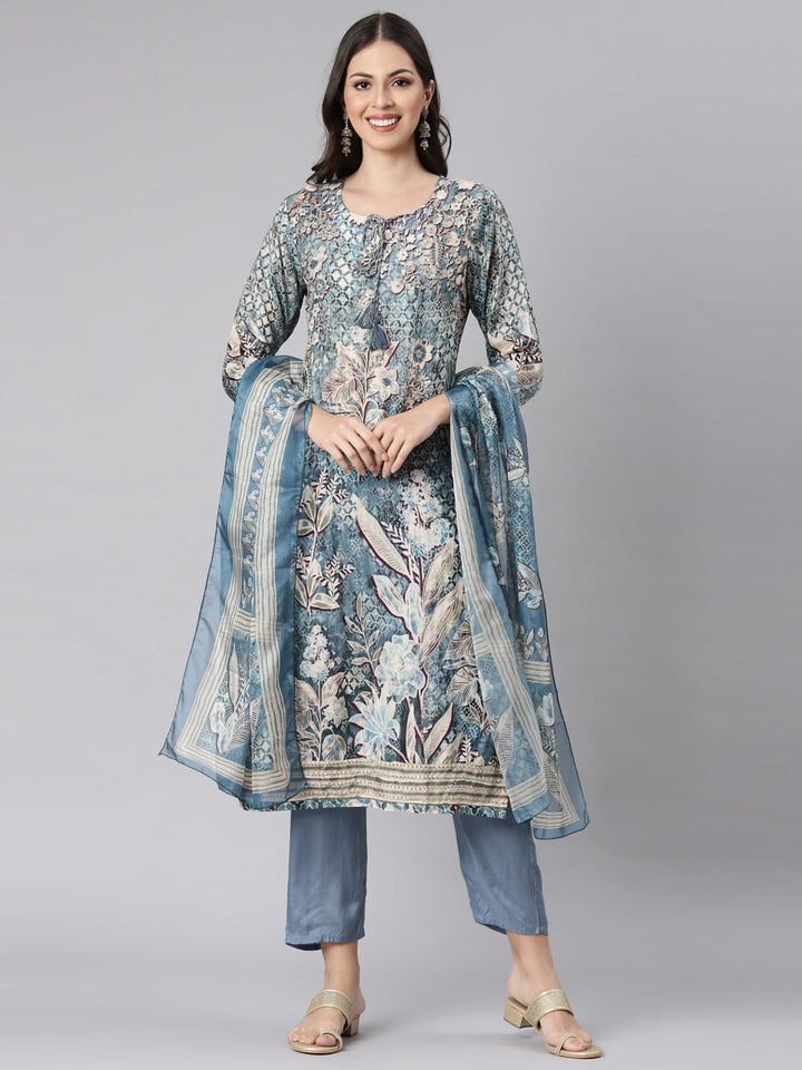 Neerus Grey Printed Straight Kurta and Trousers With Dupatta