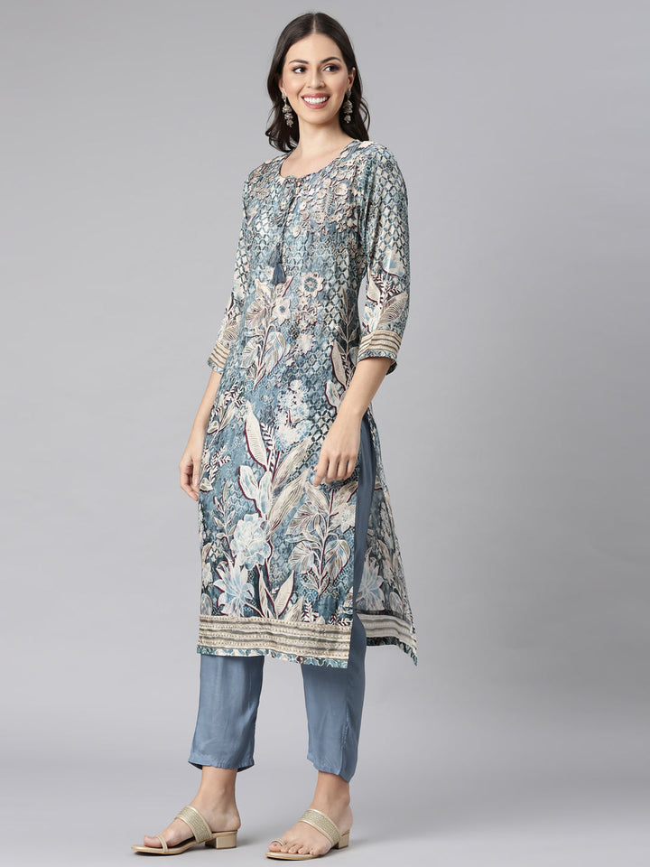Neerus Grey Printed Straight Kurta and Trousers With Dupatta