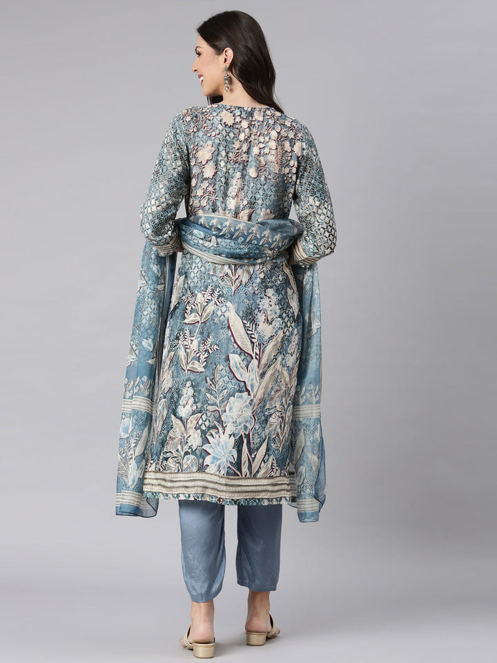Neerus Grey Printed Straight Kurta and Trousers With Dupatta