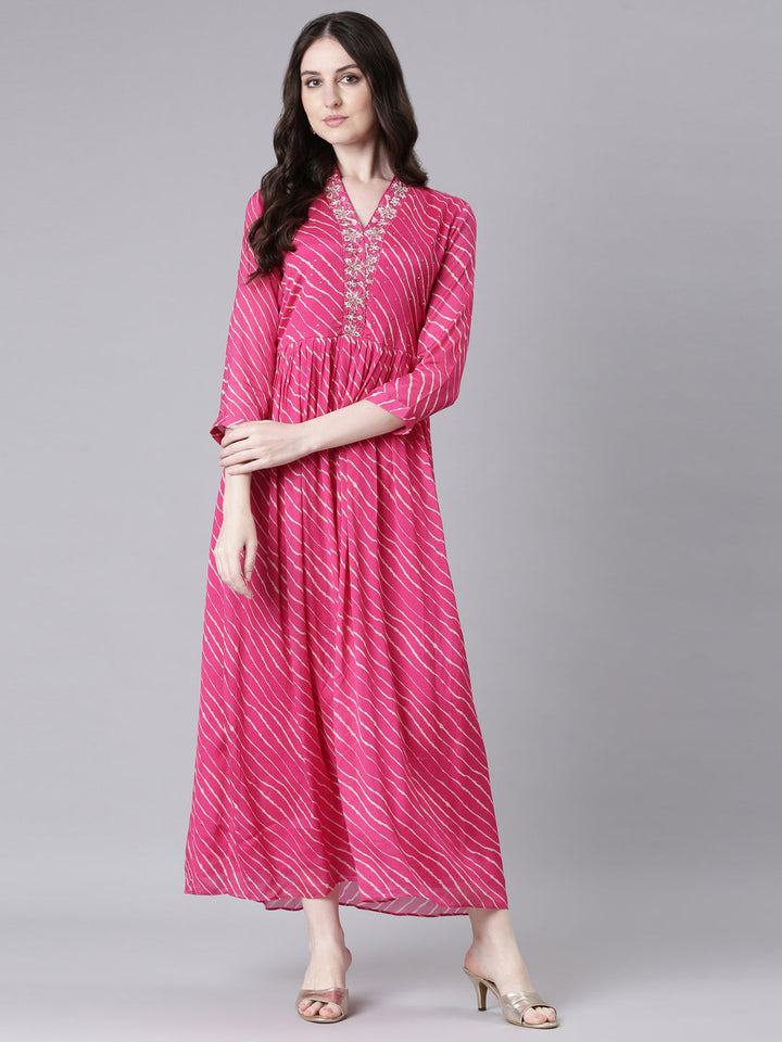 Neerus Pink georgette printed straight dress - front view