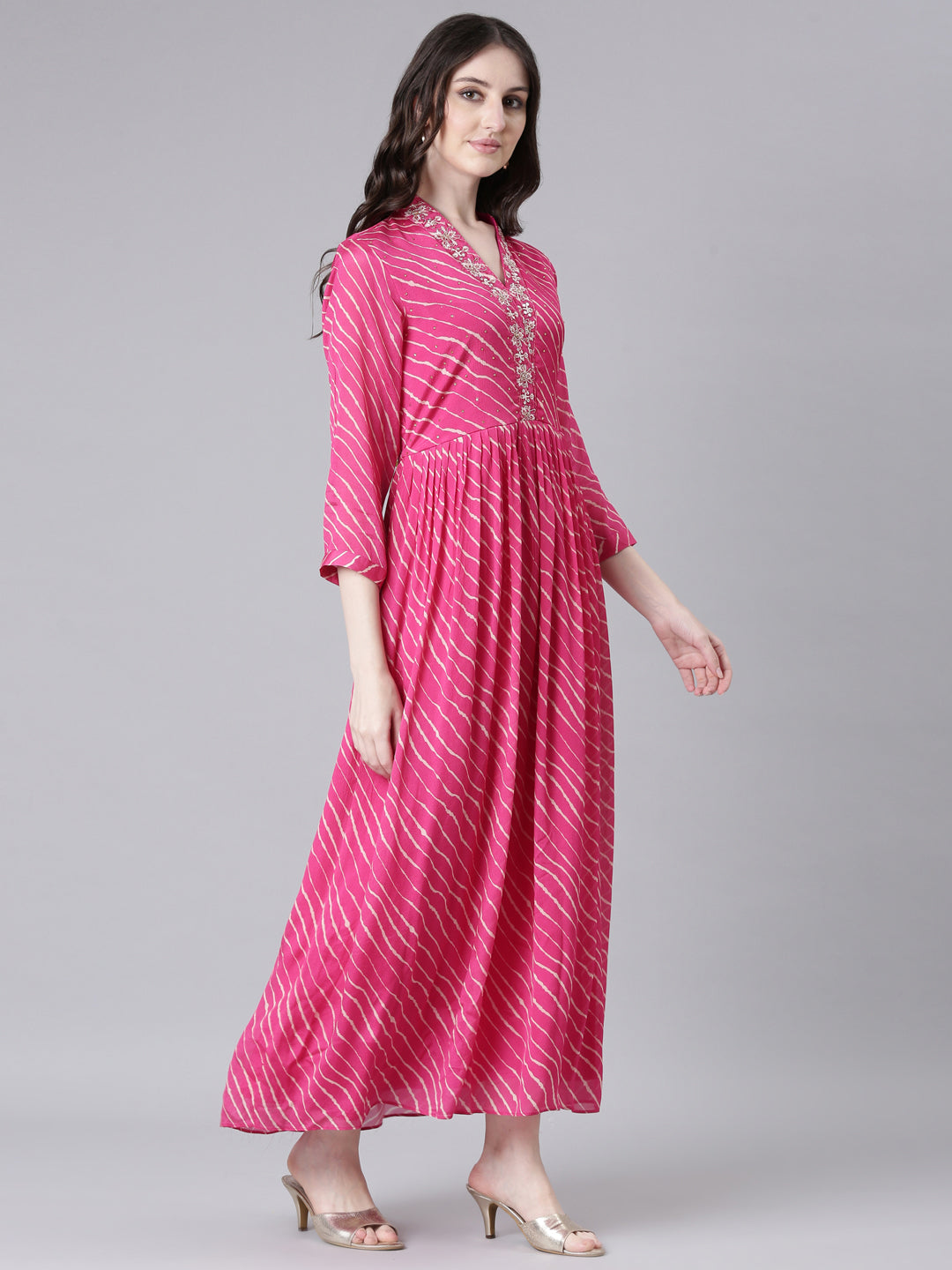 Neerus Pink georgette printed straight dress - back view