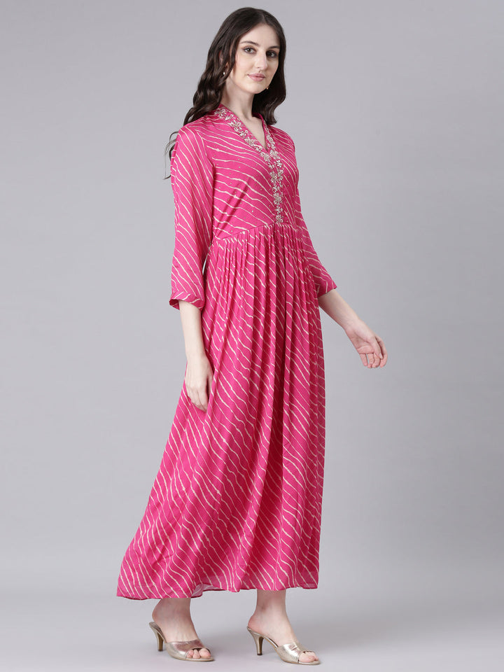 Neerus Pink georgette printed straight dress - back view