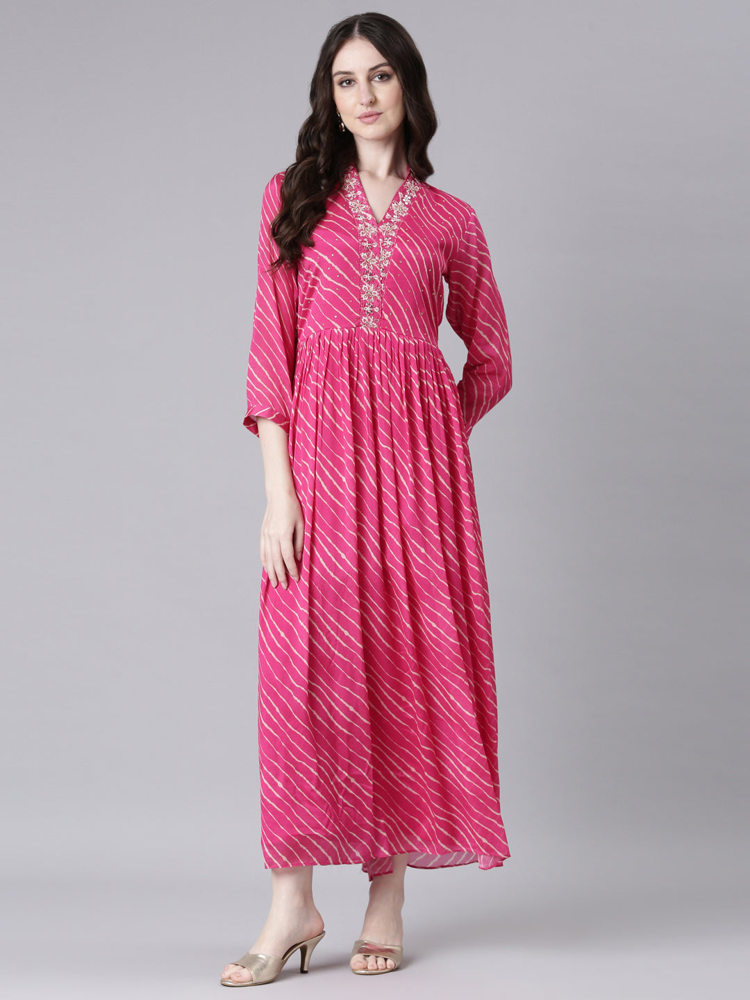 Neerus Pink georgette printed straight dress - detail view 2