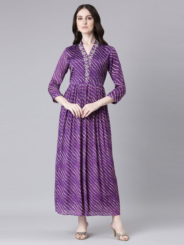 Neerus Purple georgette printed straight dress - front view