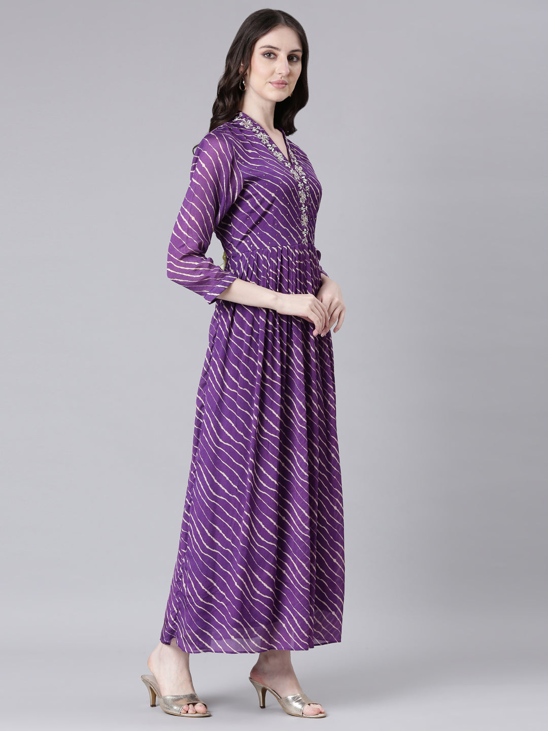 Neerus Purple georgette printed straight dress - back view