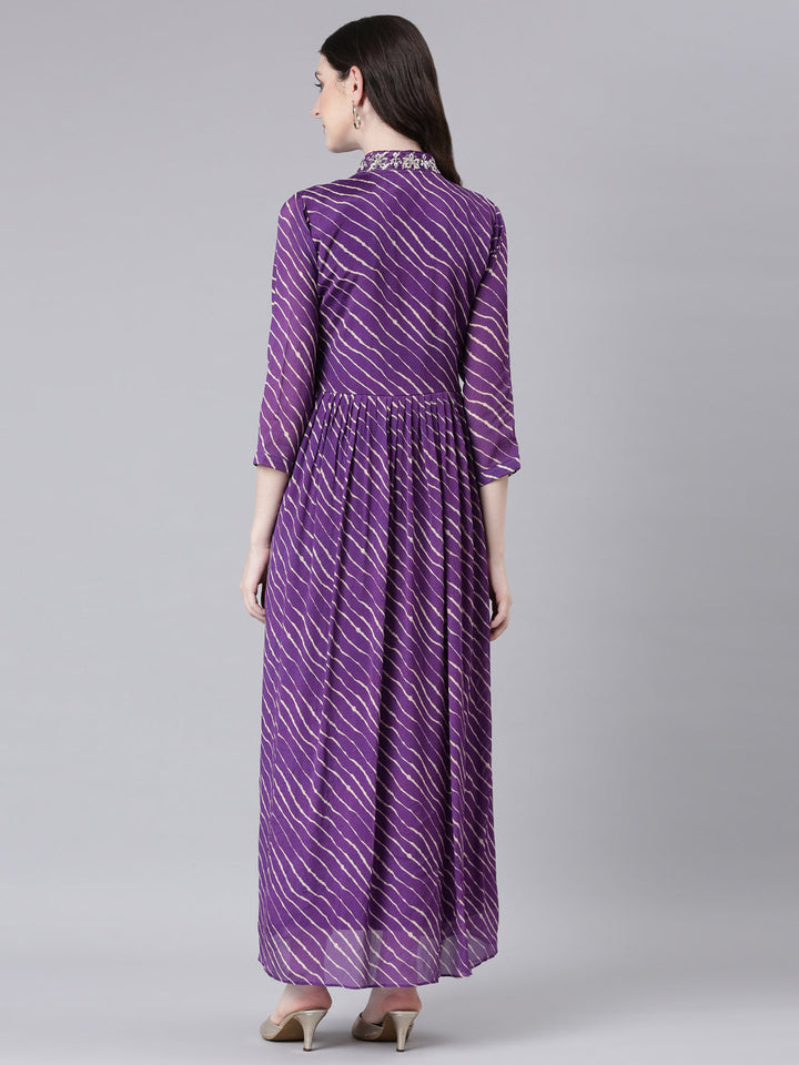 Neerus Purple georgette printed straight dress - side view