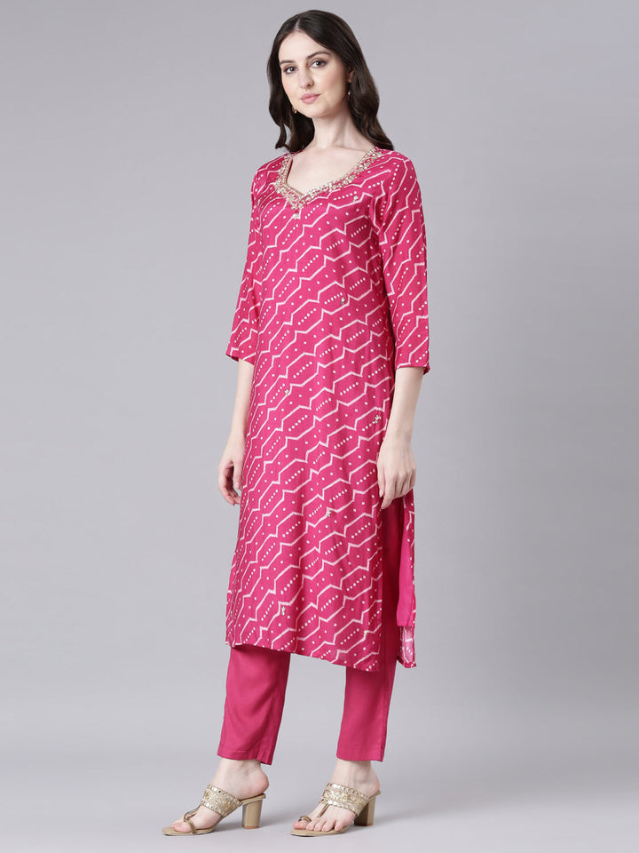 Neerus Magenta Printed Straight Kurta and Trousers With Dupatta