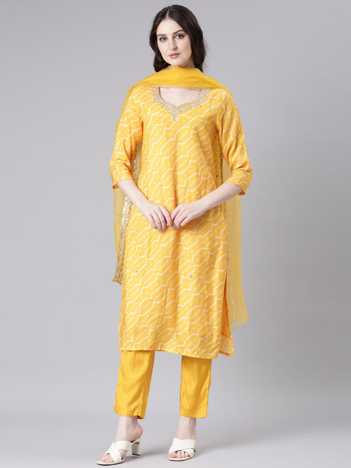Neerus Mustard Printed Straight Kurta and Trousers With Dupatta
