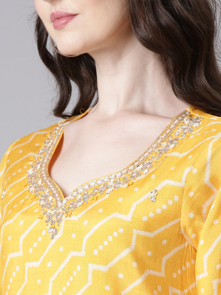 Neerus Mustard Printed Straight Kurta and Trousers With Dupatta