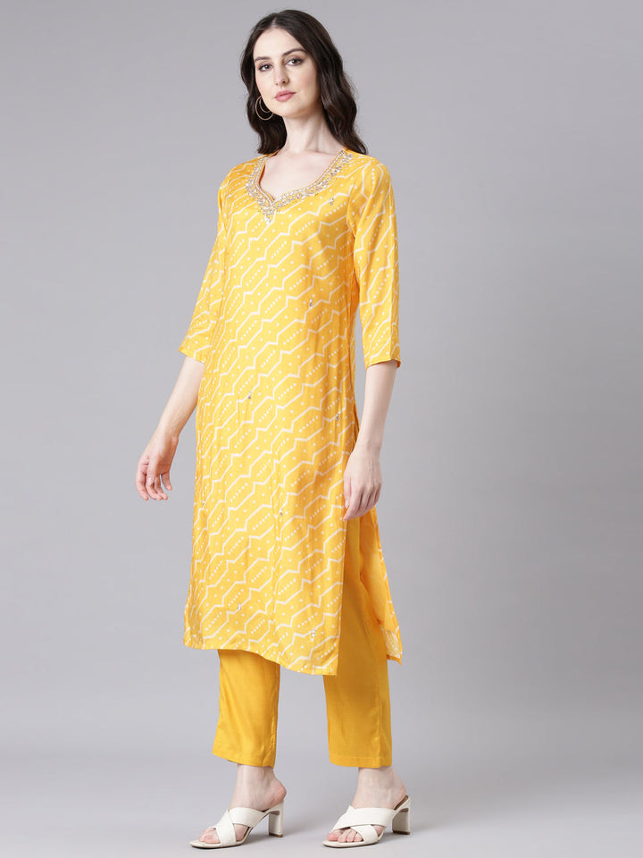 Neerus Mustard Printed Straight Kurta and Trousers With Dupatta