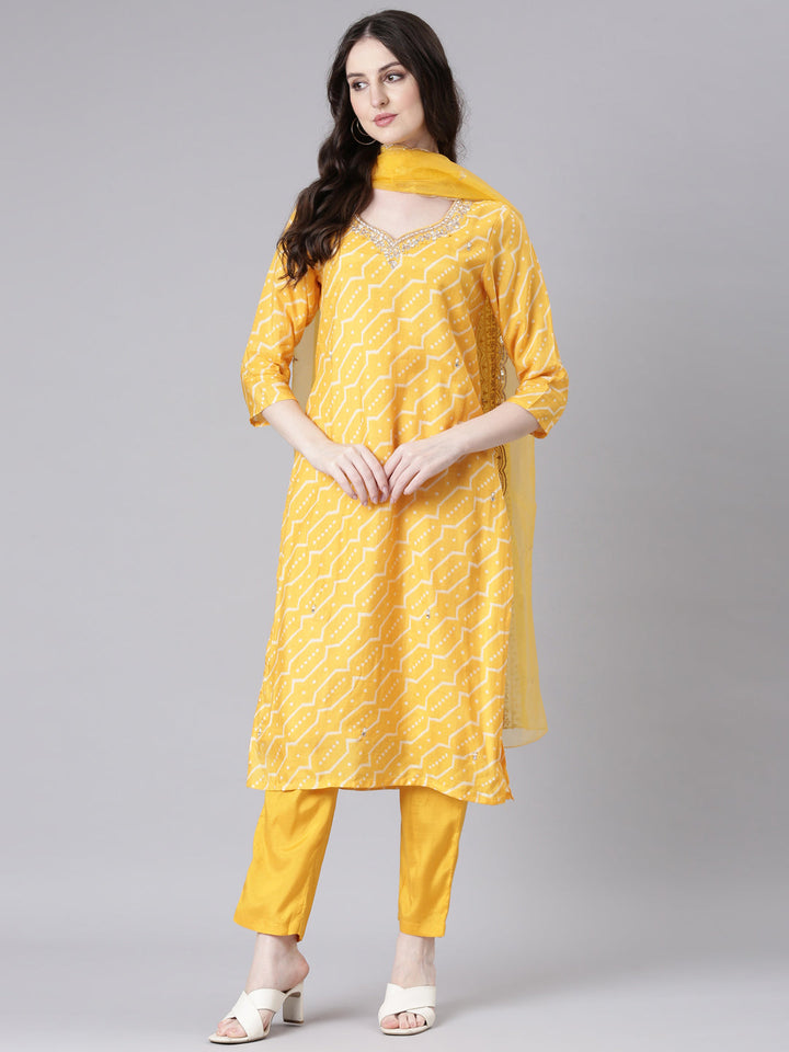 Neerus Mustard Printed Straight Kurta and Trousers With Dupatta