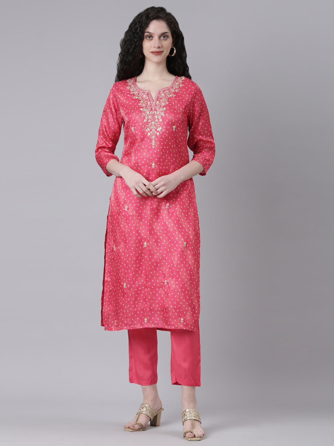 Neerus Pink jute cotton printed kurta set - front view