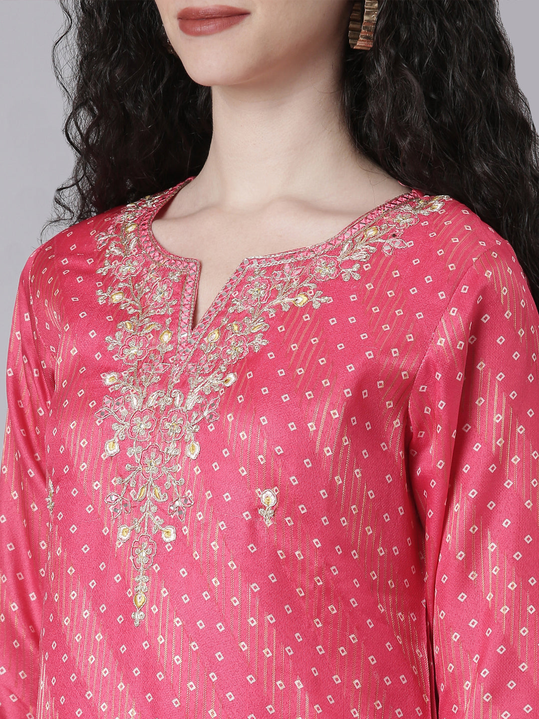 Neerus Pink jute cotton printed kurta set - detail view 1