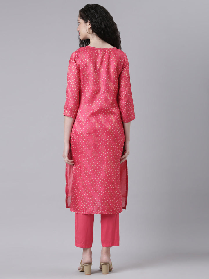 Neerus Pink jute cotton printed kurta set - side view