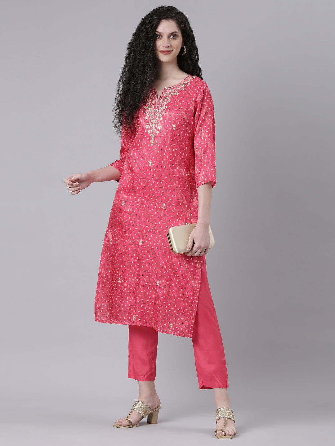 Neerus Pink jute cotton printed kurta set - detail view 2