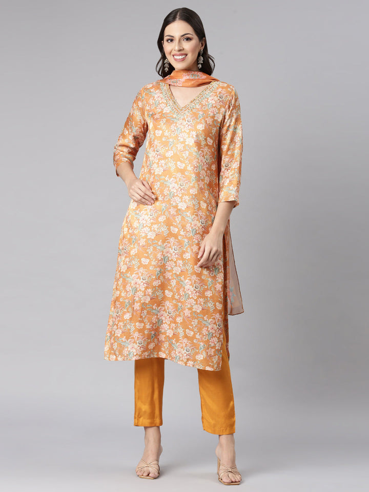Neerus Yellow Jute Cotton Printed Suit Set - front view