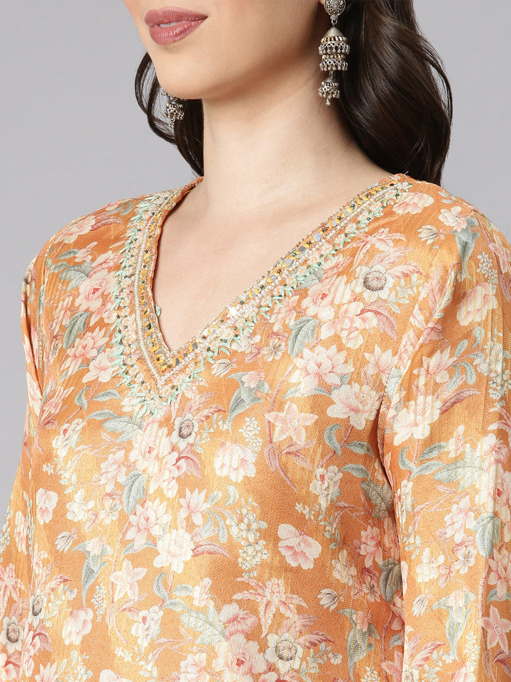 Neerus Yellow Jute Cotton Printed Suit Set - detail view 1