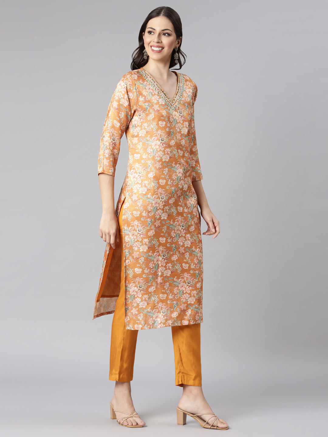 Neerus Yellow Jute Cotton Printed Suit Set - back view