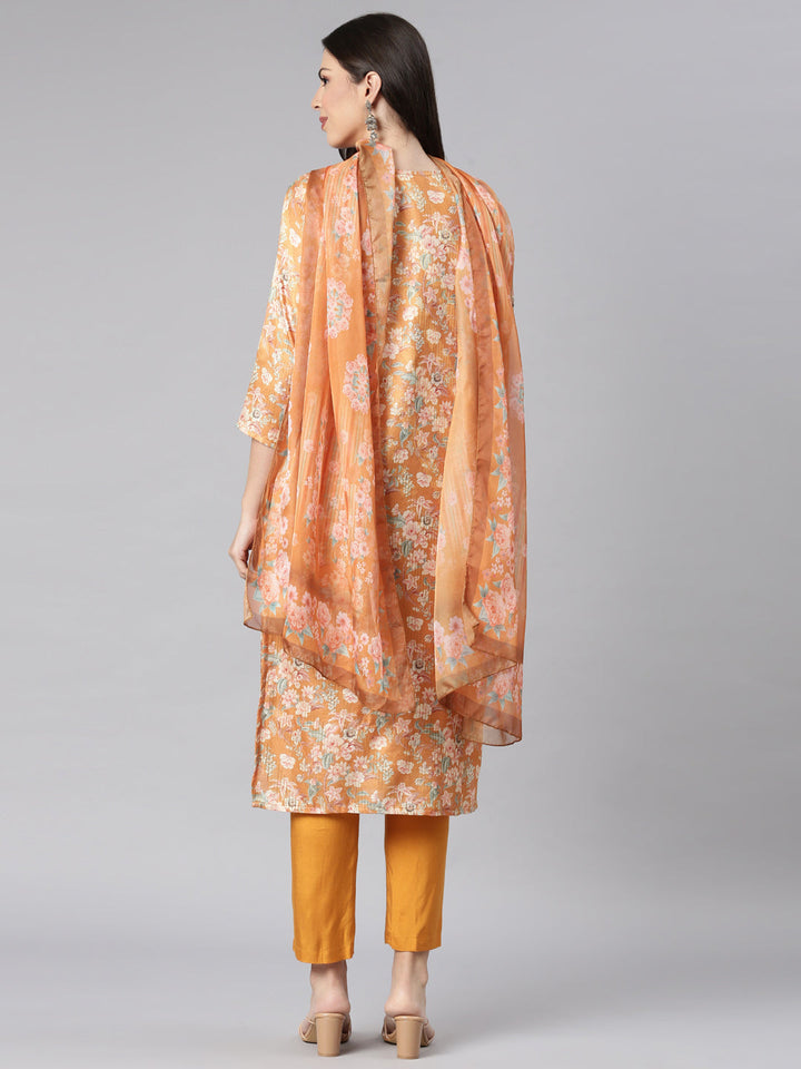 Neerus Yellow Jute Cotton Printed Suit Set - side view