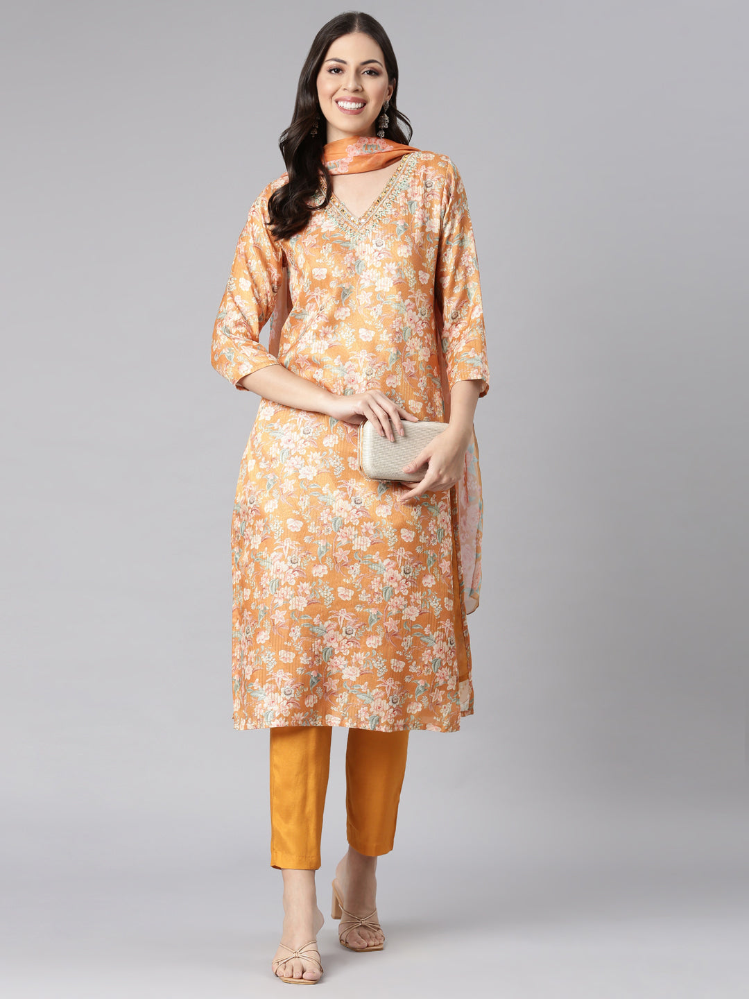 Neerus Yellow Jute Cotton Printed Suit Set - detail view 2