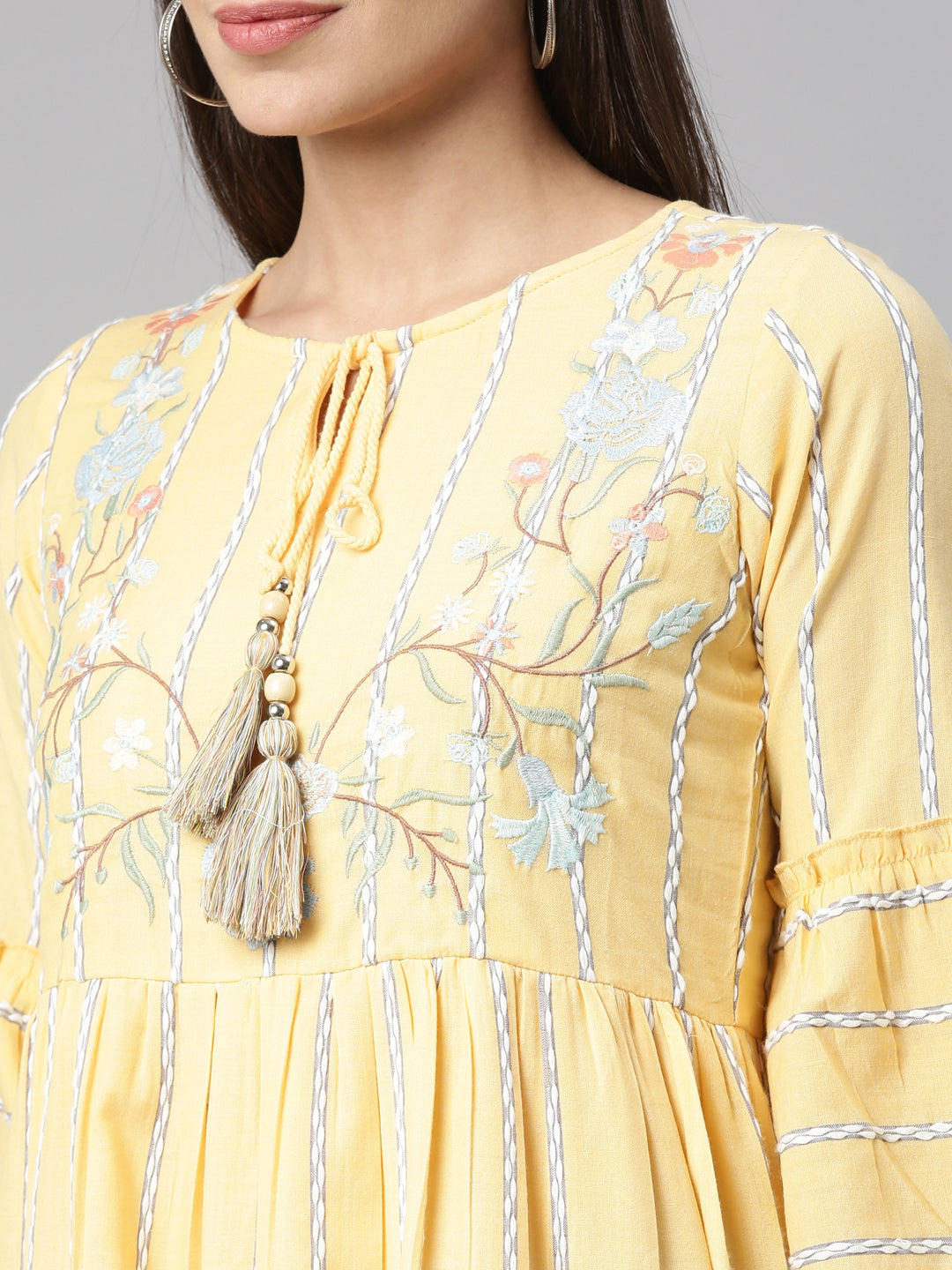 Neerus Yellow floral printed tiered kurti - detail view 2