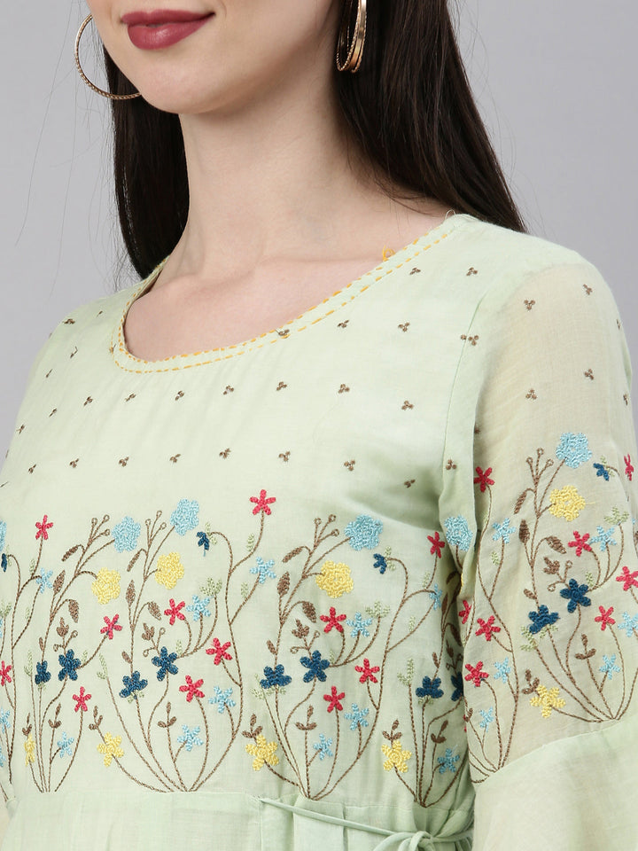 Neerus Green thread embroidered anarkali kurta - detail view 2