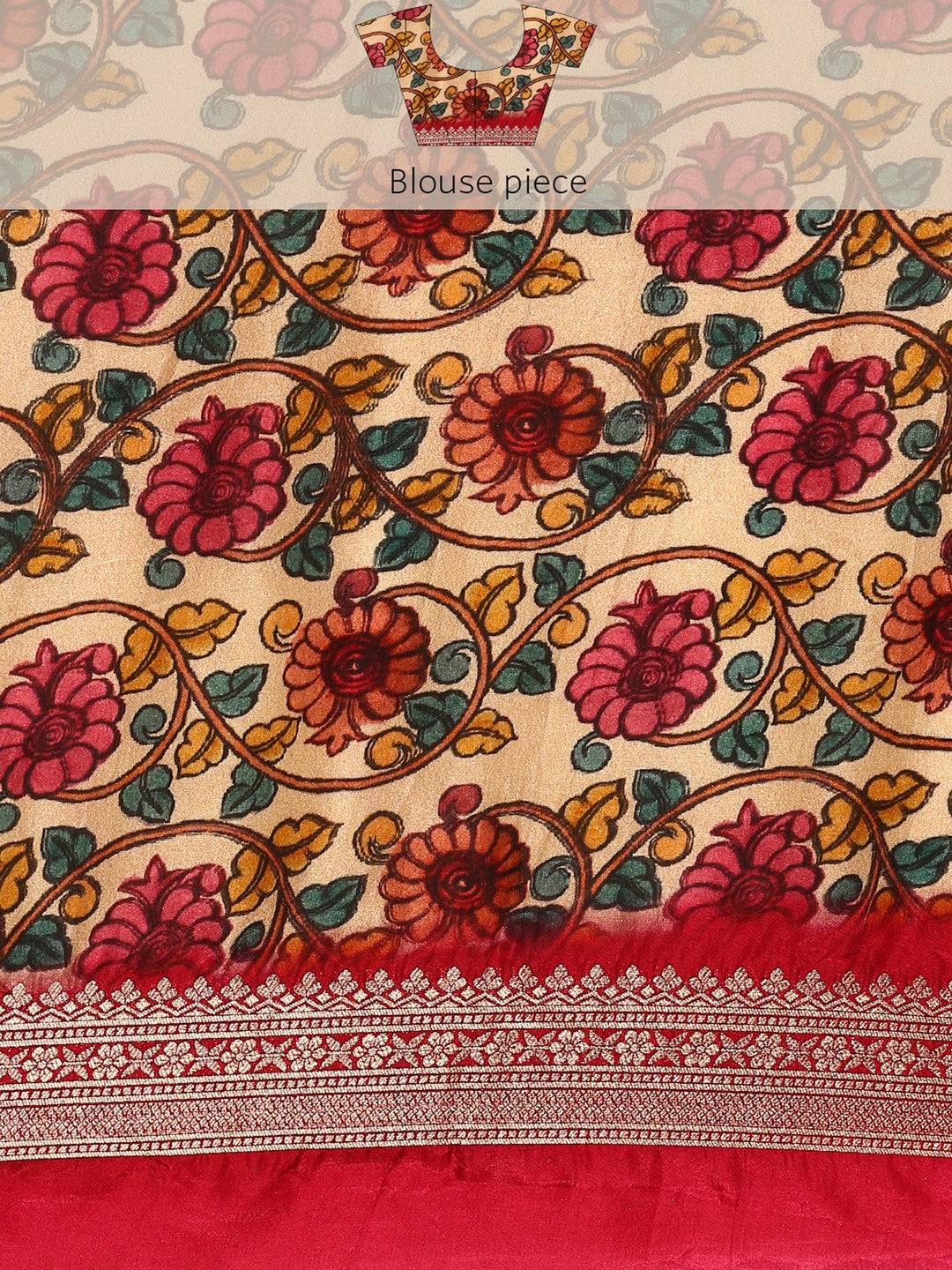 Neerus Green Banarasi printed saree with Kalamkari border - detail view 5