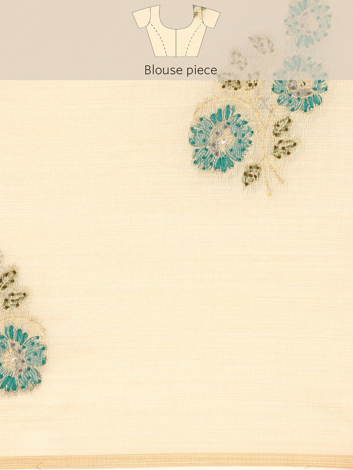 Cream Chanderi Silk Saree With Sequins And French Knot Embroidery