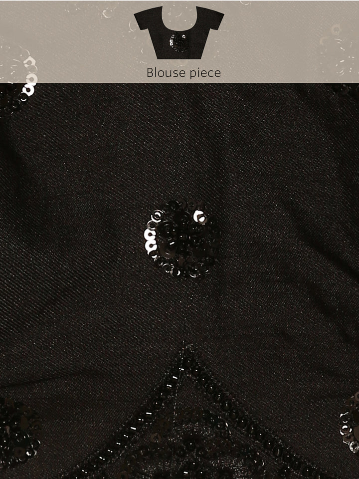 Neerus Black satin hand embroidered printed saree - detail view 6