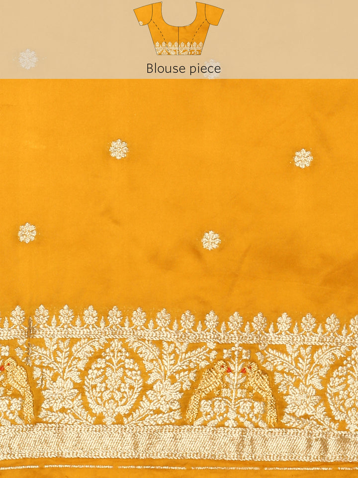 Neerus Yellow Banarasi woven saree with zari border - detail view 5