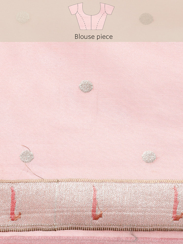 Neerus Pink Banarasi woven saree with Meena border - detail view 6