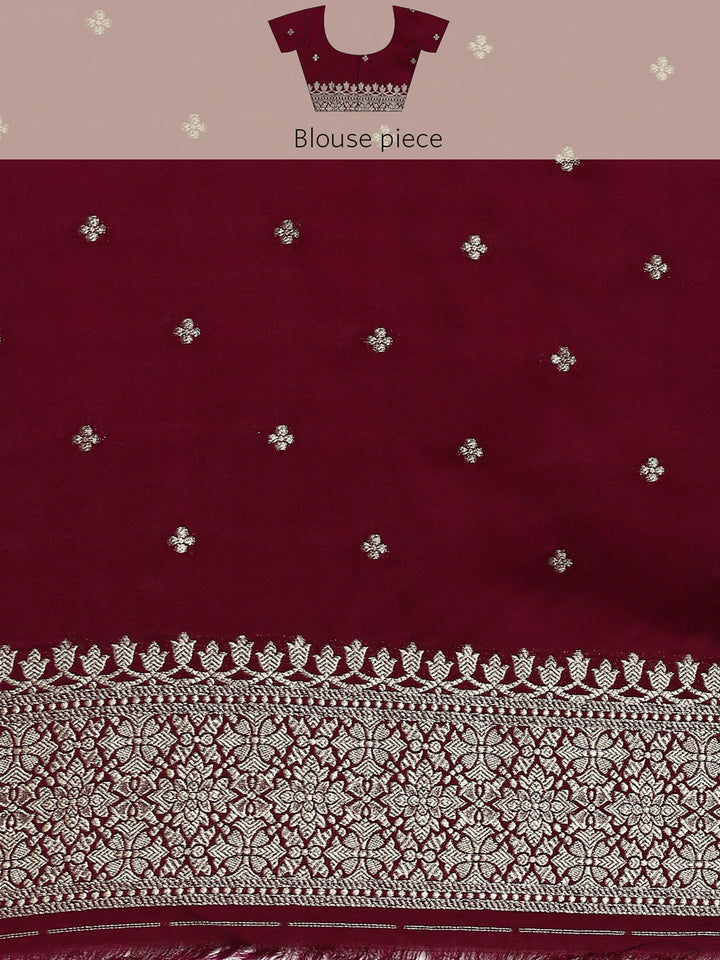 Neerus Maroon Banarasi woven saree with gold silver motifs - detail view 6