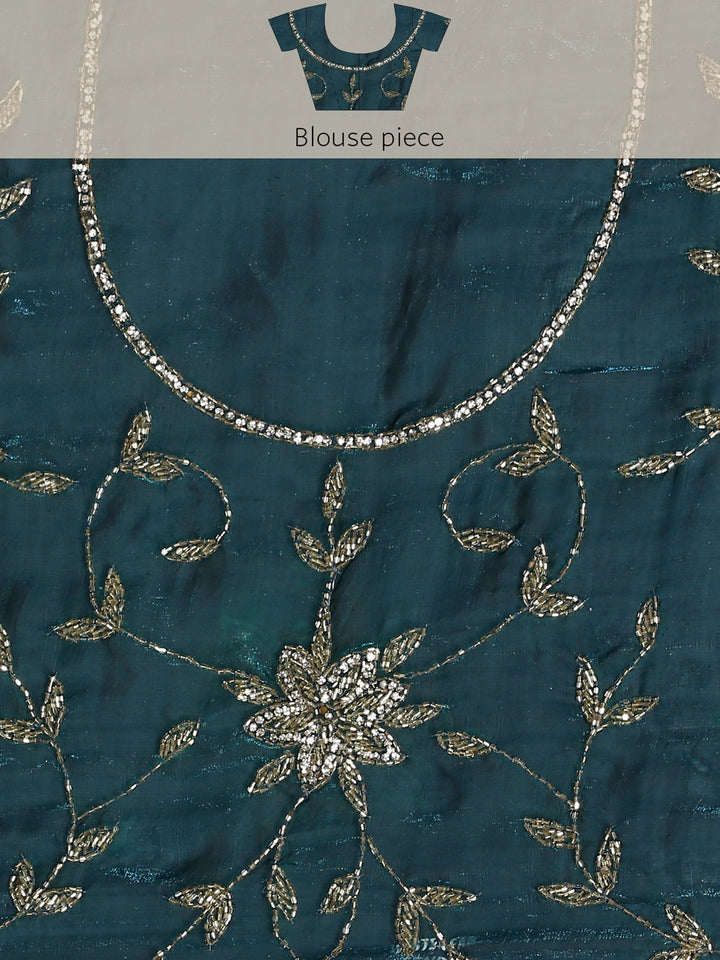 Neerus Blue satin hand embroidered saree - detail view 5