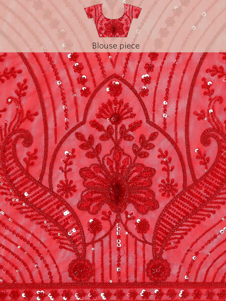 Neerus Red net hand embroidered saree with pearl sequins - detail view 5