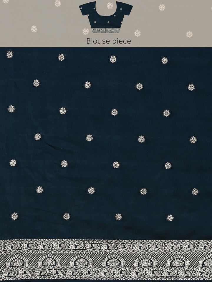 Neerus Blue Banarasi woven saree with peacock motifs - detail view 6