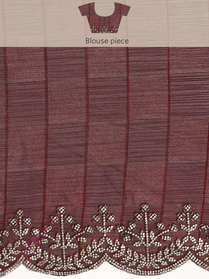 Maroon jacquard satin organza saree with hand embroidery