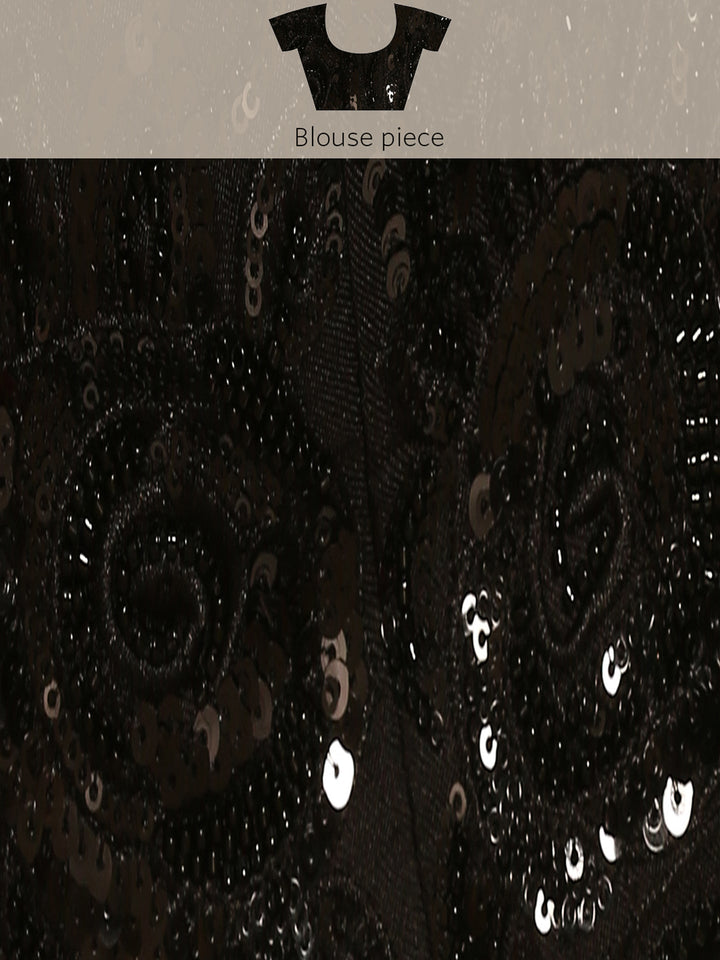 Black & White Satin Printed Saree With Hand Embroidery & Readymade Blouse