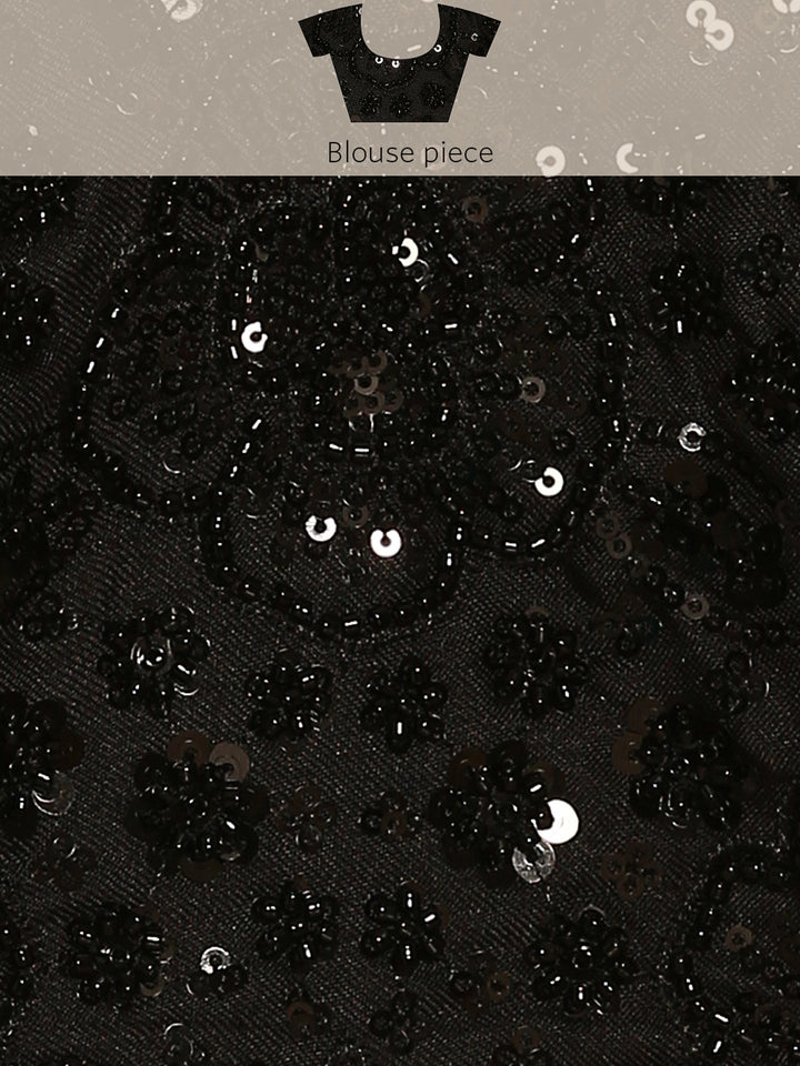 Black & White Satin Printed Saree With Hand Embroidery And Ready Made Blouse