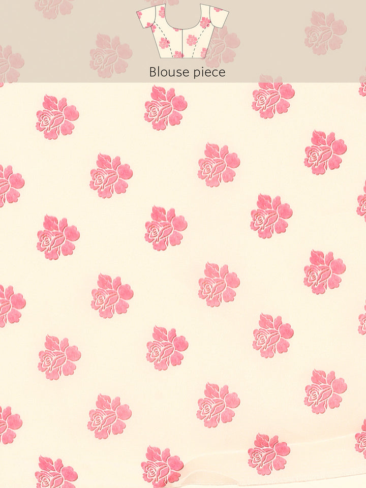 Cream Satin Saree With Pink Printed Motifs With Swarovski Embroidery